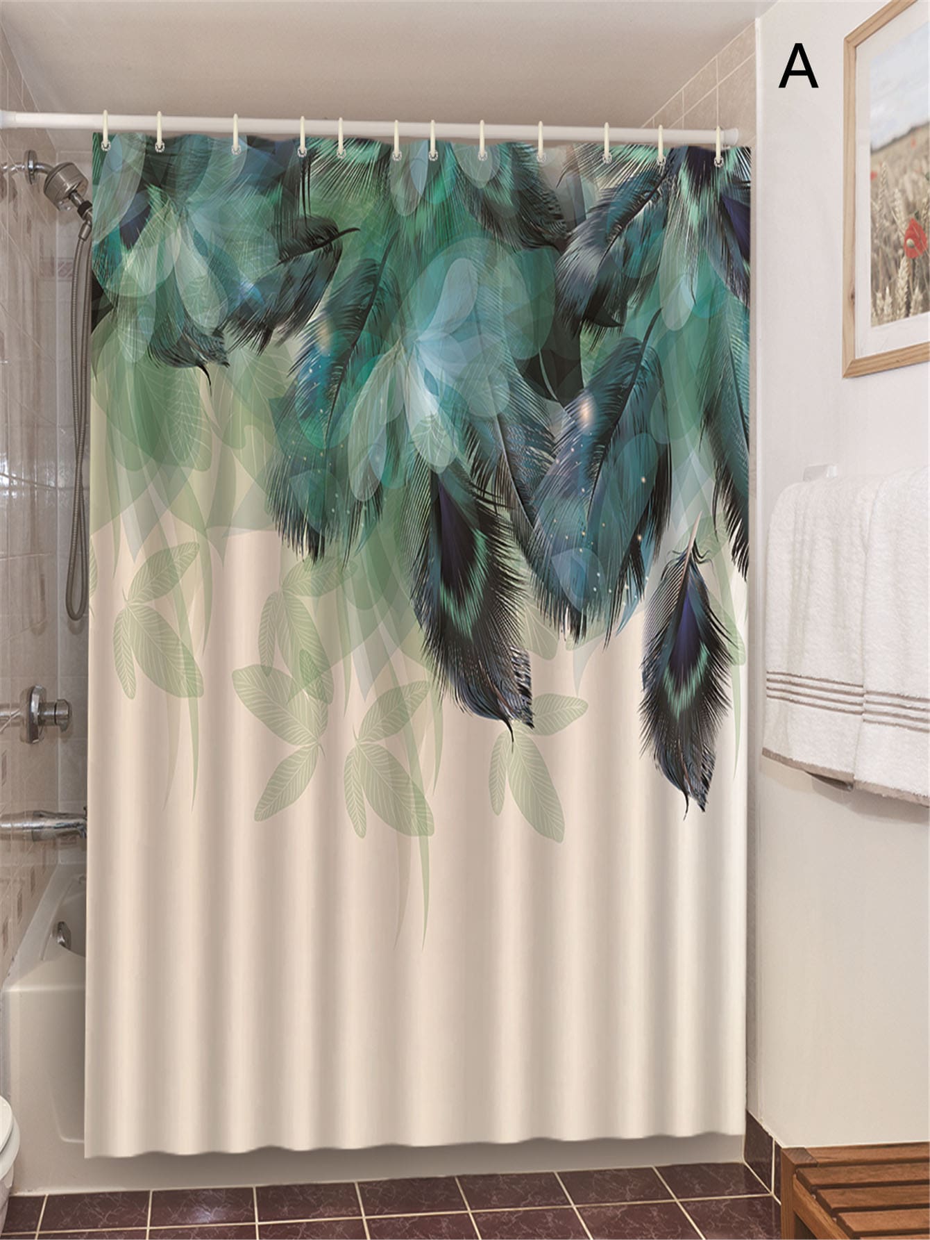 1pc Leaf & Flower Print Shower Curtain With 12pcs Hook