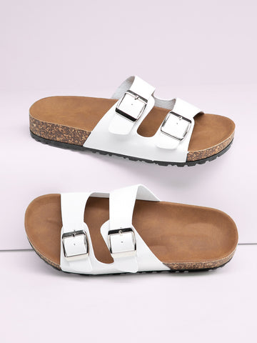 Women Open Toe Double Buckle Band Footbed Slide Sandals. Cool White Flat Sandals