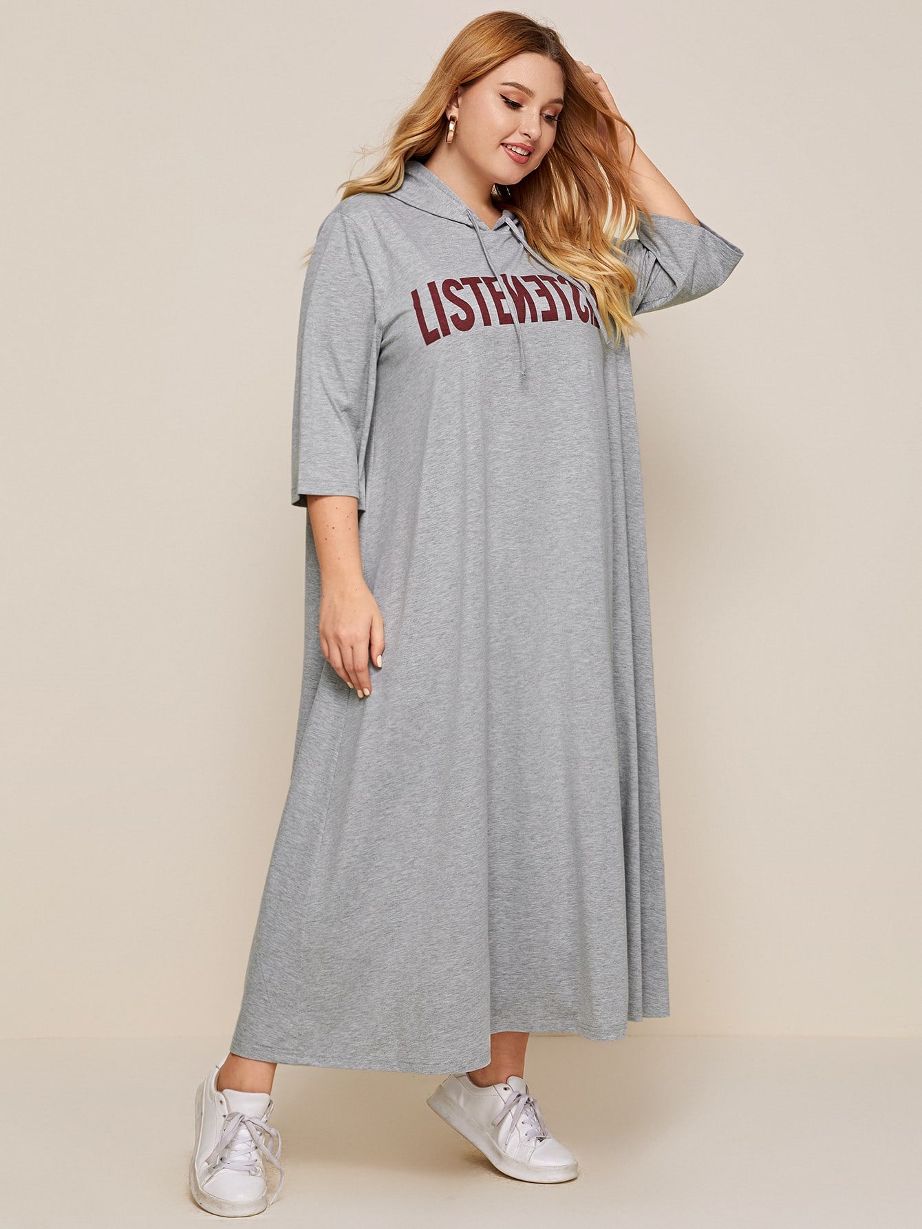 Plus Letter Graphic Heather Gray Hooded Dress