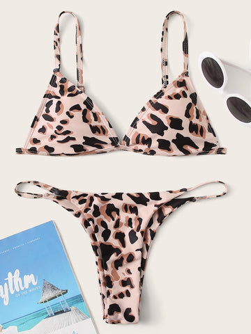 Summer Beach Leopard Triangle Tanga Bikini Swimsuit