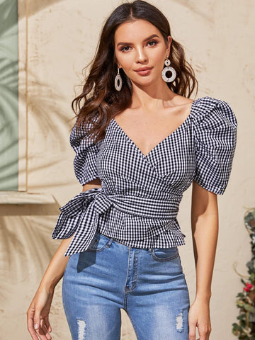 Gingham Print Belted Puff Sleeve Blouse