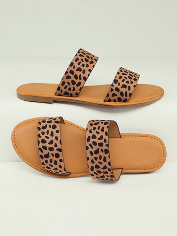 Fashionable Outdoors Flat Slippers For Women, Leopard Twin Strap Faux Suede Open Toe Slide Sandals