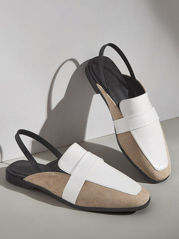 Ladies' Elegant Flat Shoes With Color Block And Open Heel Loafers
