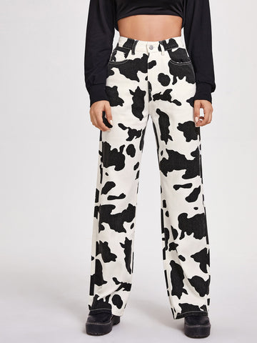 Cow Print Wide Leg Jeans