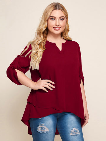 Plus Notched Neck Roll Up Sleeve Dip Hem Top