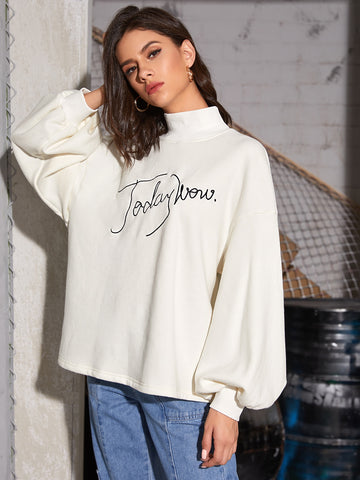 High Neck Lantern Sleeve Embroidery Letter Pullover