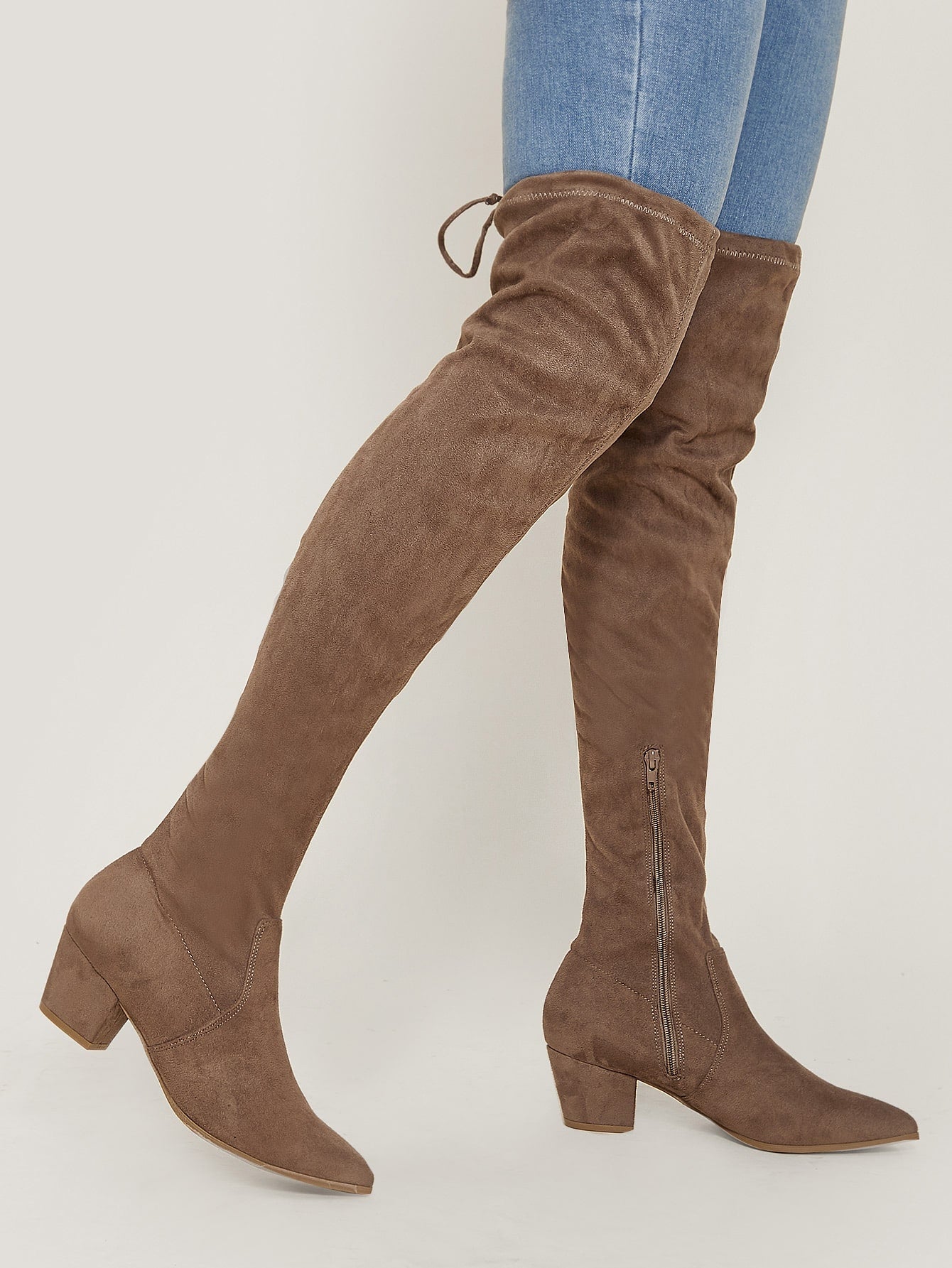 Pointed Toe Stretch Suedette Block Heel Thigh Boots