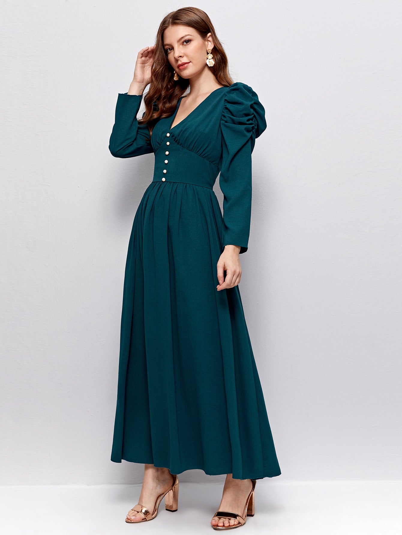 Ruched Sleeve Wide Waistband Buttoned Dress