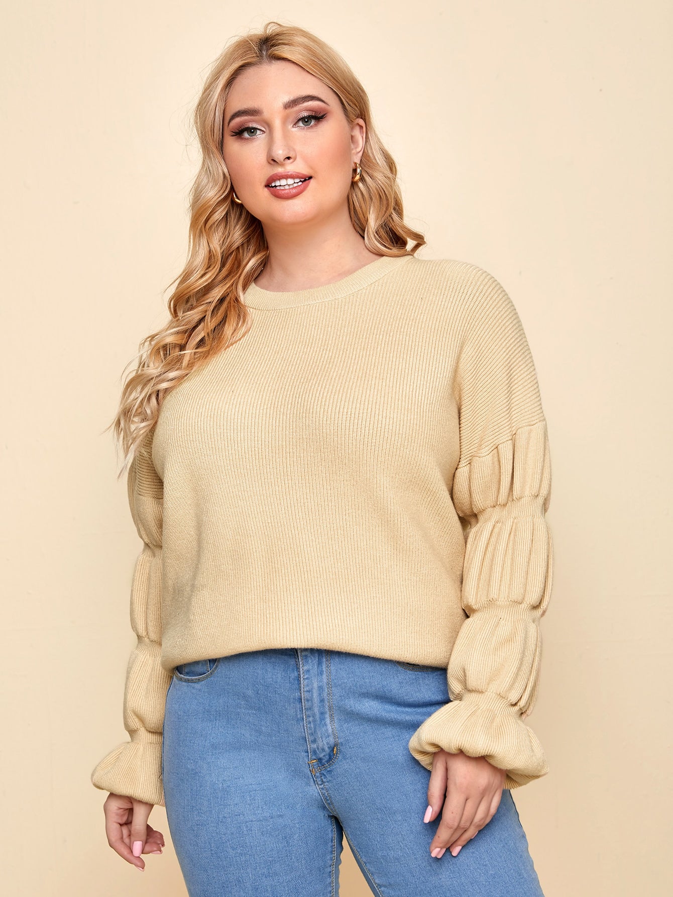 Plus Gathered Sleeve Solid Sweater