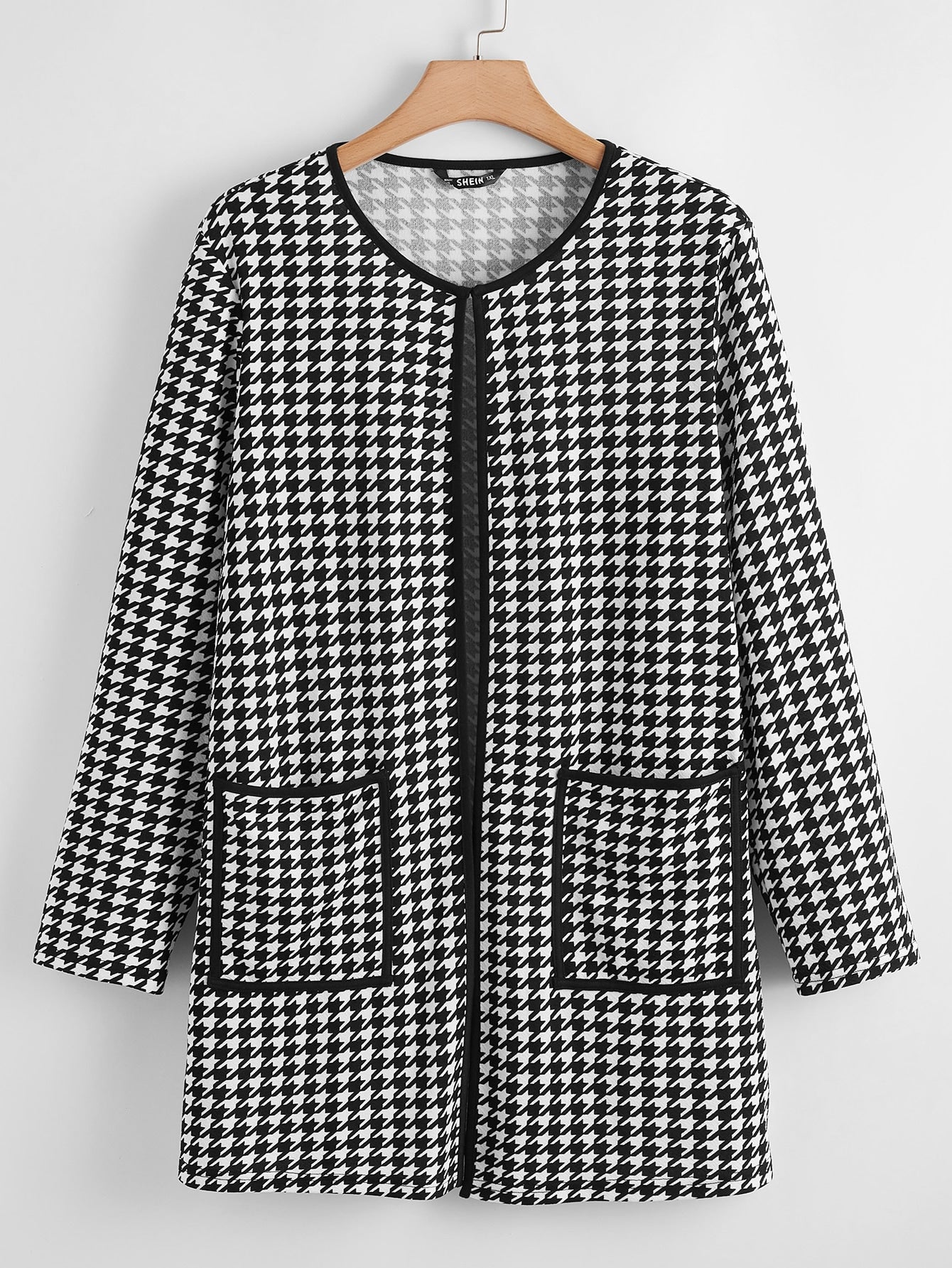 Plus Binding Trim Pocket Patched Houndstooth Coat