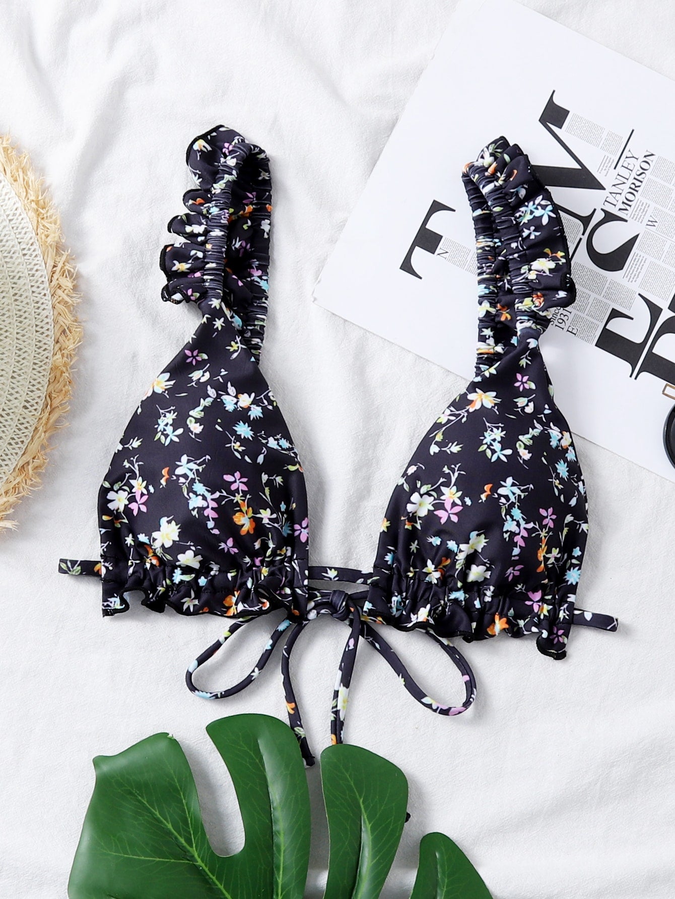 Ditsy Floral Print Frill Trim Bikini Top