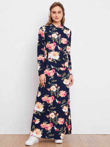 All Over Floral Print Pouch Pocket Hooded Dress