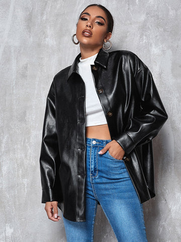 Drop Shoulder Buttoned PU Leather Coat