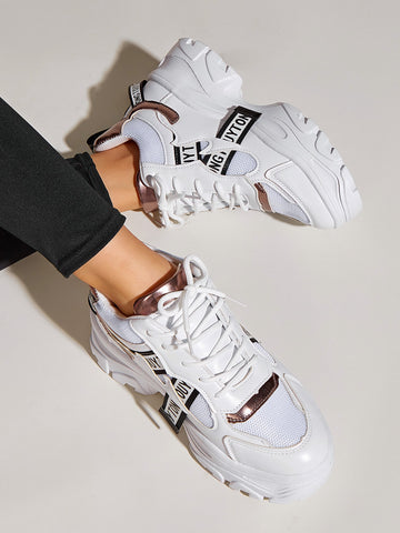 Lace-up Front Chunky Sole Trainers, Women's White Athletic Shoes With Letter Detail
