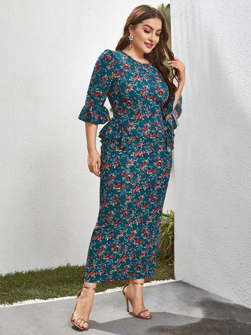 Plus Bell Sleeve Allover Floral Dress