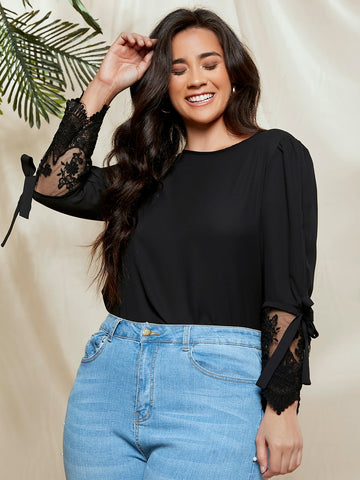 Plus Knotted Detail Embroidered Mesh Cuff Top