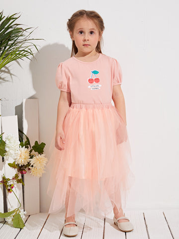 Toddler Girls Cherry Print Puff Sleeve Tee & Asymmetrical Overlay Mesh Skirt Set
