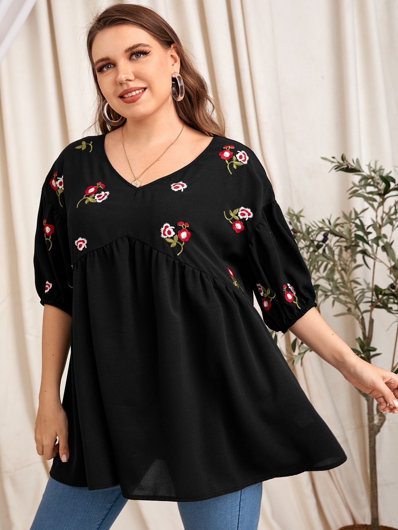 Plus Floral Embroidered Babydoll Blouse
