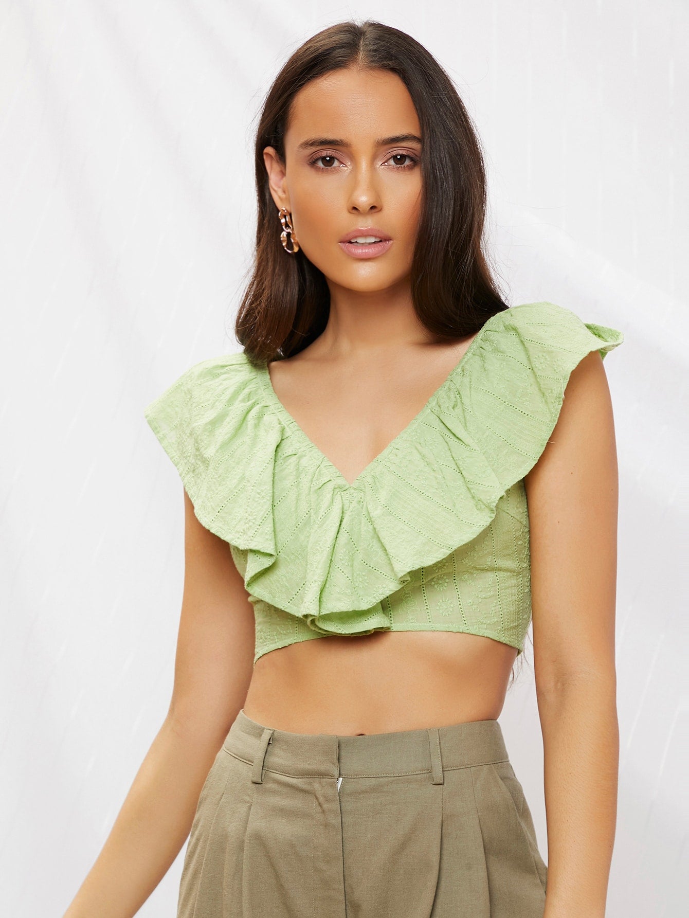 Double V-neck Ruffle Detail Crop Top