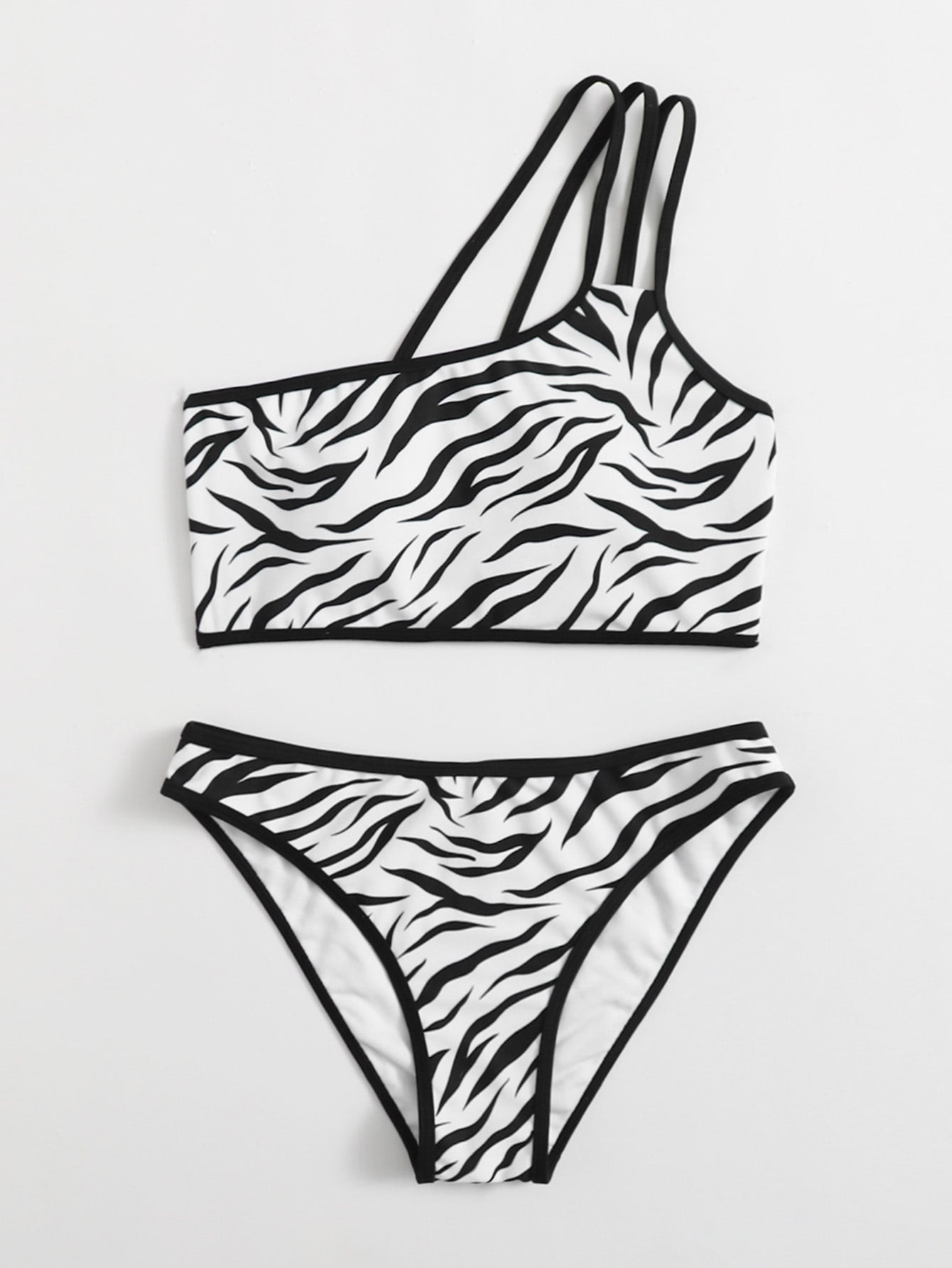 Zebra Stripe One Shoulder Bikini Swimsuit