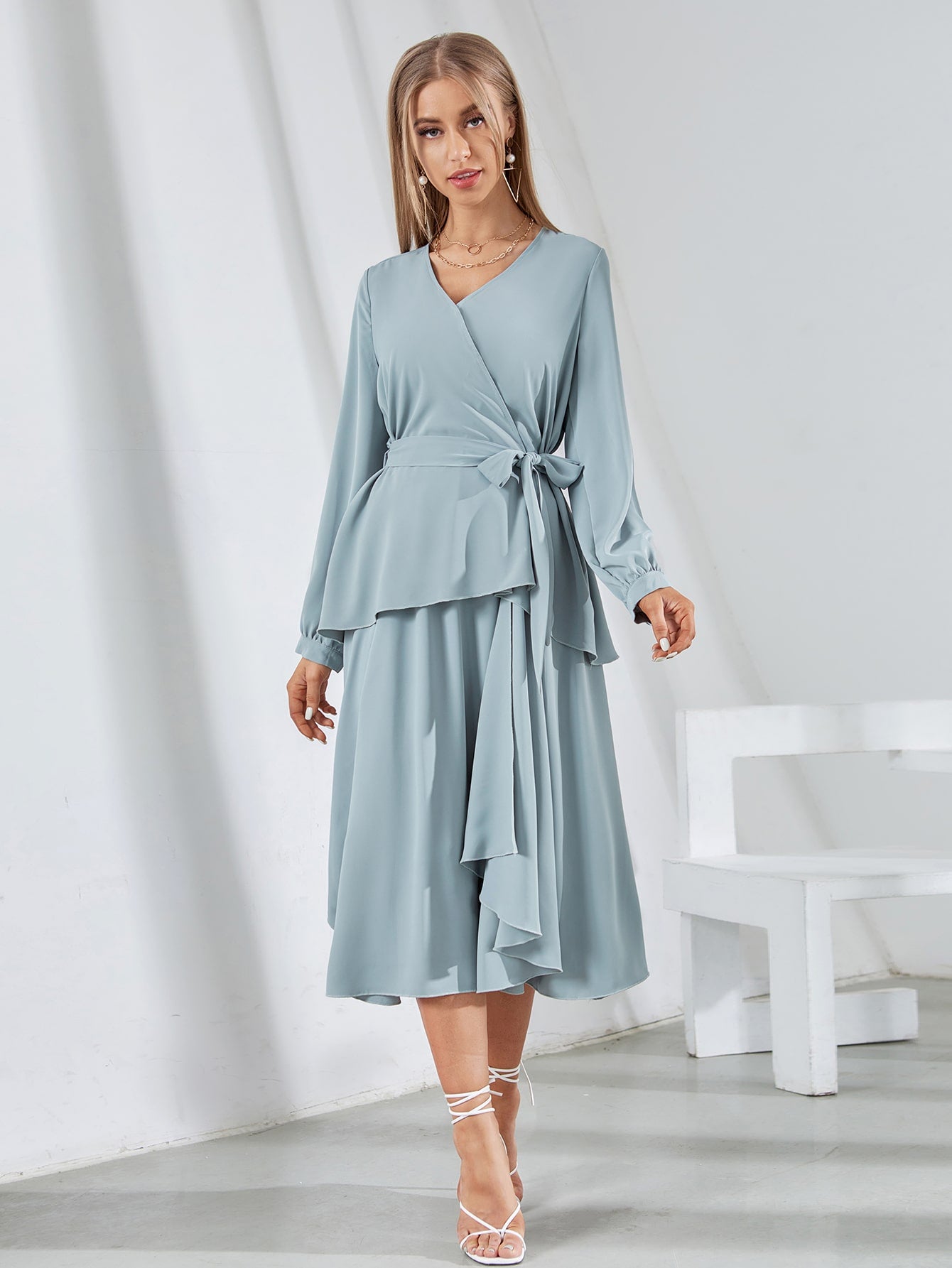 Solid Belted Wrap Blouse With Skirt