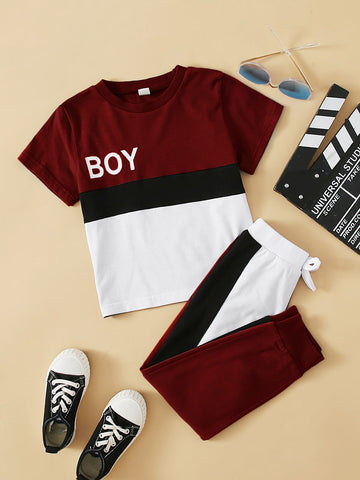 Toddler Boys Cut And Sew Letter Graphic Tee With Knot Sweatpants
