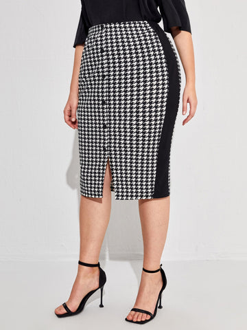 Plus Striped Side Houndstooth Pencil Skirt