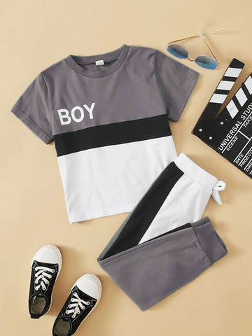 Toddler Boys Cut And Sew Letter Graphic Tee With Knot Sweatpants