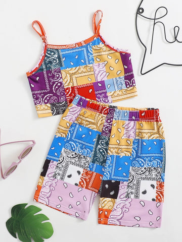 Toddler Girls Paisley Print Patchwork Cami Top & Biker Shorts