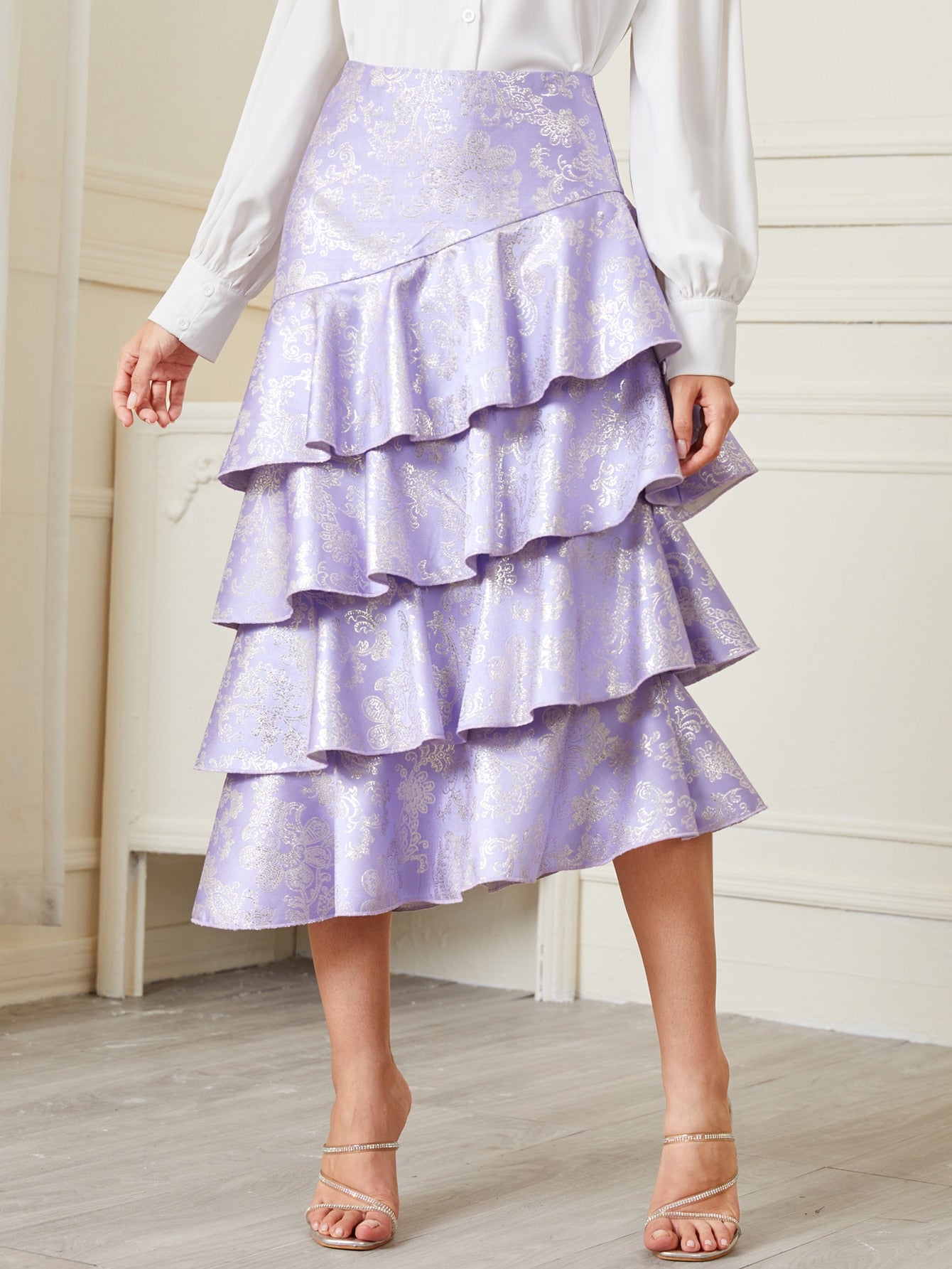 Layered Hem Floral Satin Skirt