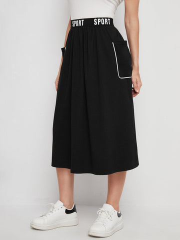 Letter Tape Waist Contrast Binding Pocket Patched Skirt