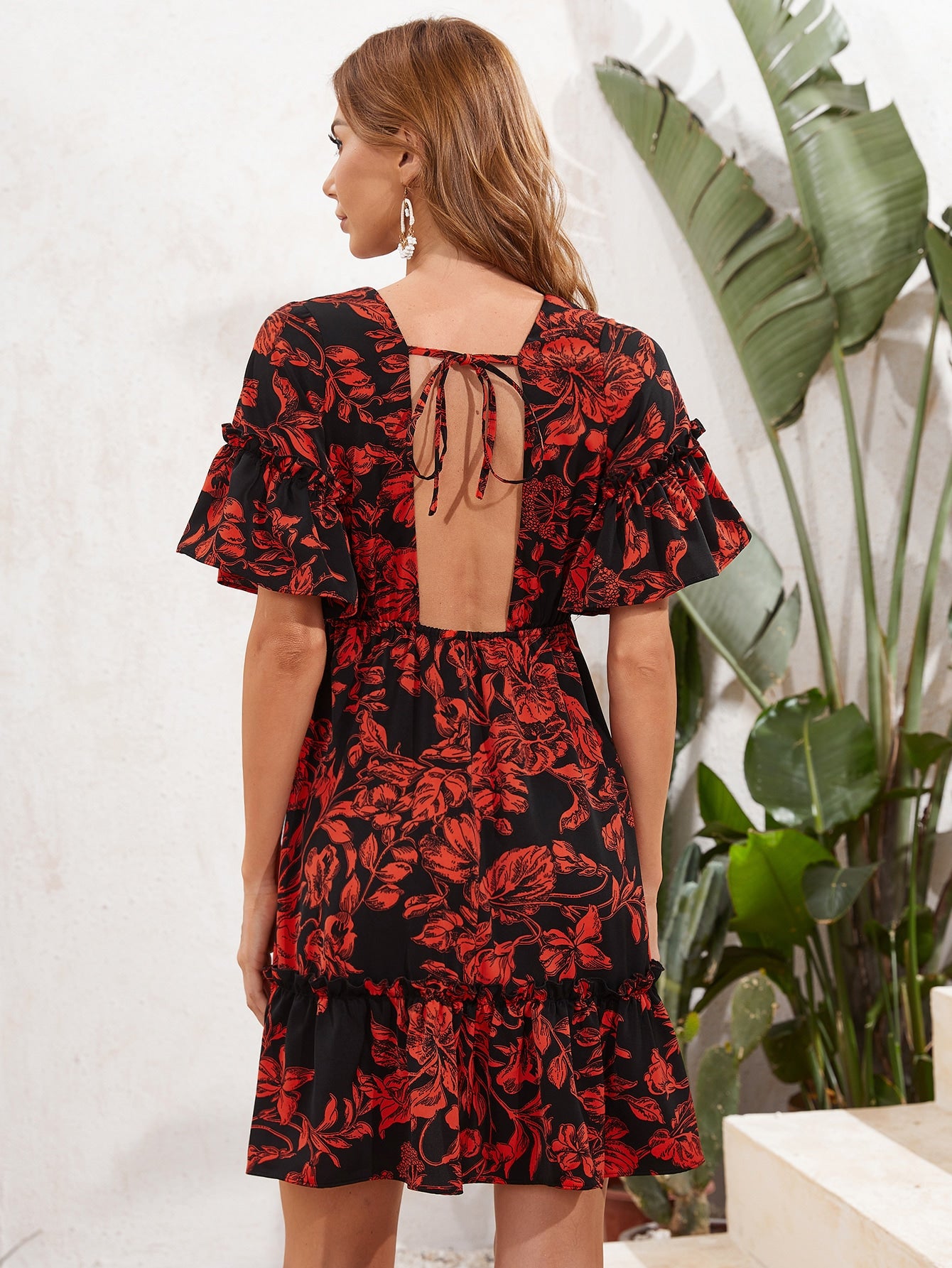Tied Backless Ruffle Cuff Floral Dress