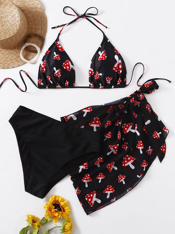 Summer Beach Plus Mushroom Bikini Set Halter Triangle Bra & High Waisted Bottom & Beach Skirt 3 Piece Bathing Suit