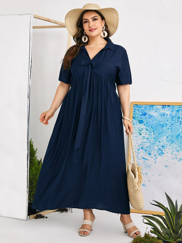 Plus Solid Bow Front Maxi Smock Dress