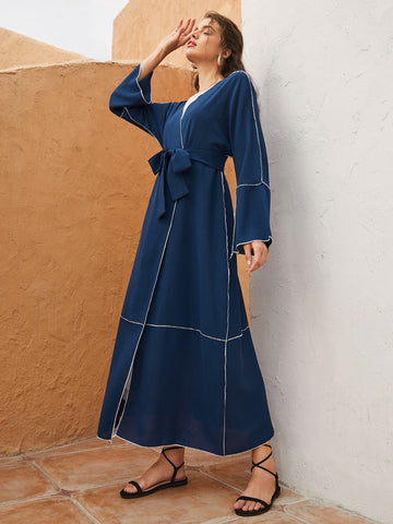 Contrast Topstitching Belted Abaya