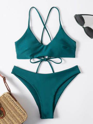 Summer Beach Mono Bikini Set Lace Up Tie Back Top & High Cut Bottom 2 Piece Swimwear