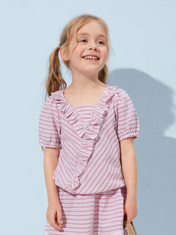 Toddler Girls Puff Sleeve Ruffle Trim Striped Top
