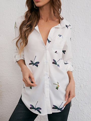Dragonfly Print Curved Hem Button Up Shirt