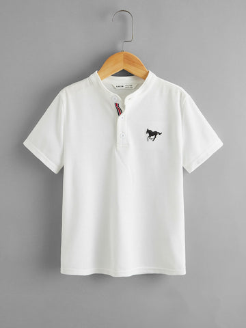 Tween Boy Striped Tape Horse Embroidered Polo Shirt