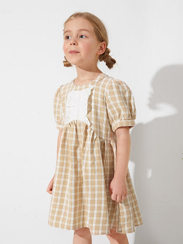 Toddler Girls Puff Sleeve Schiffy Detail Plaid Dress