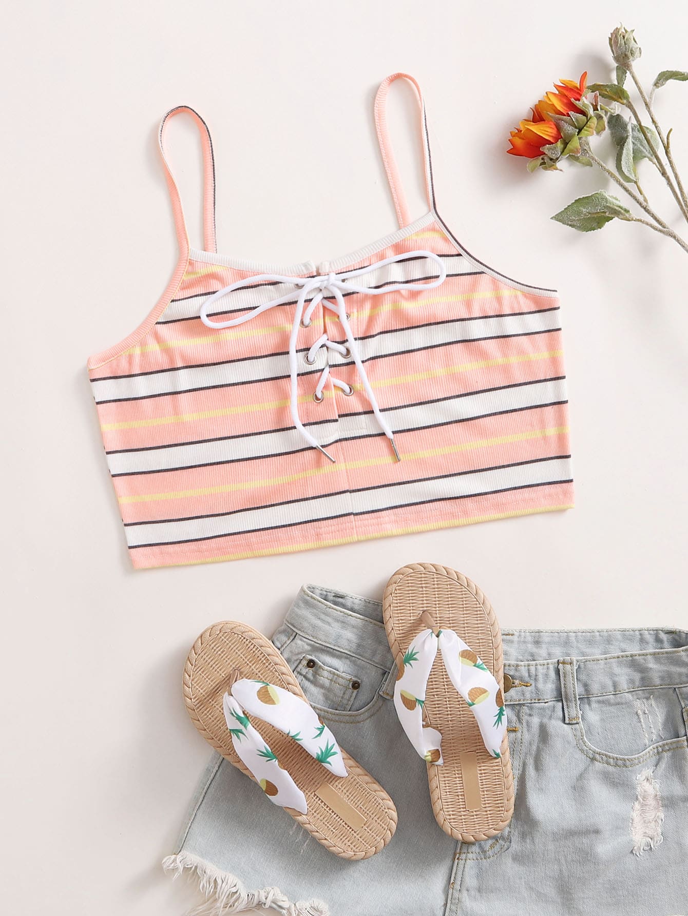 Plus Striped Lace Up Cami Top