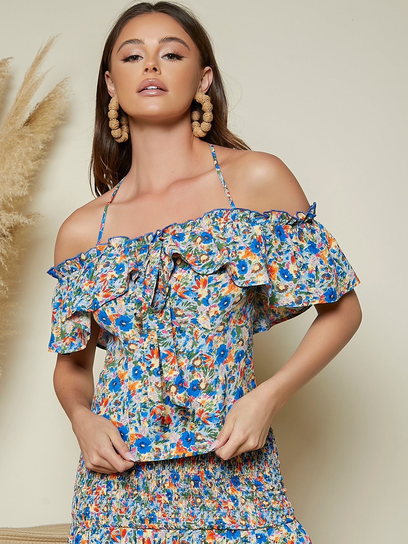 Cold Shoulder Ruffle Trim Ditsy Floral Top