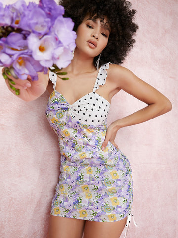 Floral & Polka Dot Ruched Drawstring Mini Dress