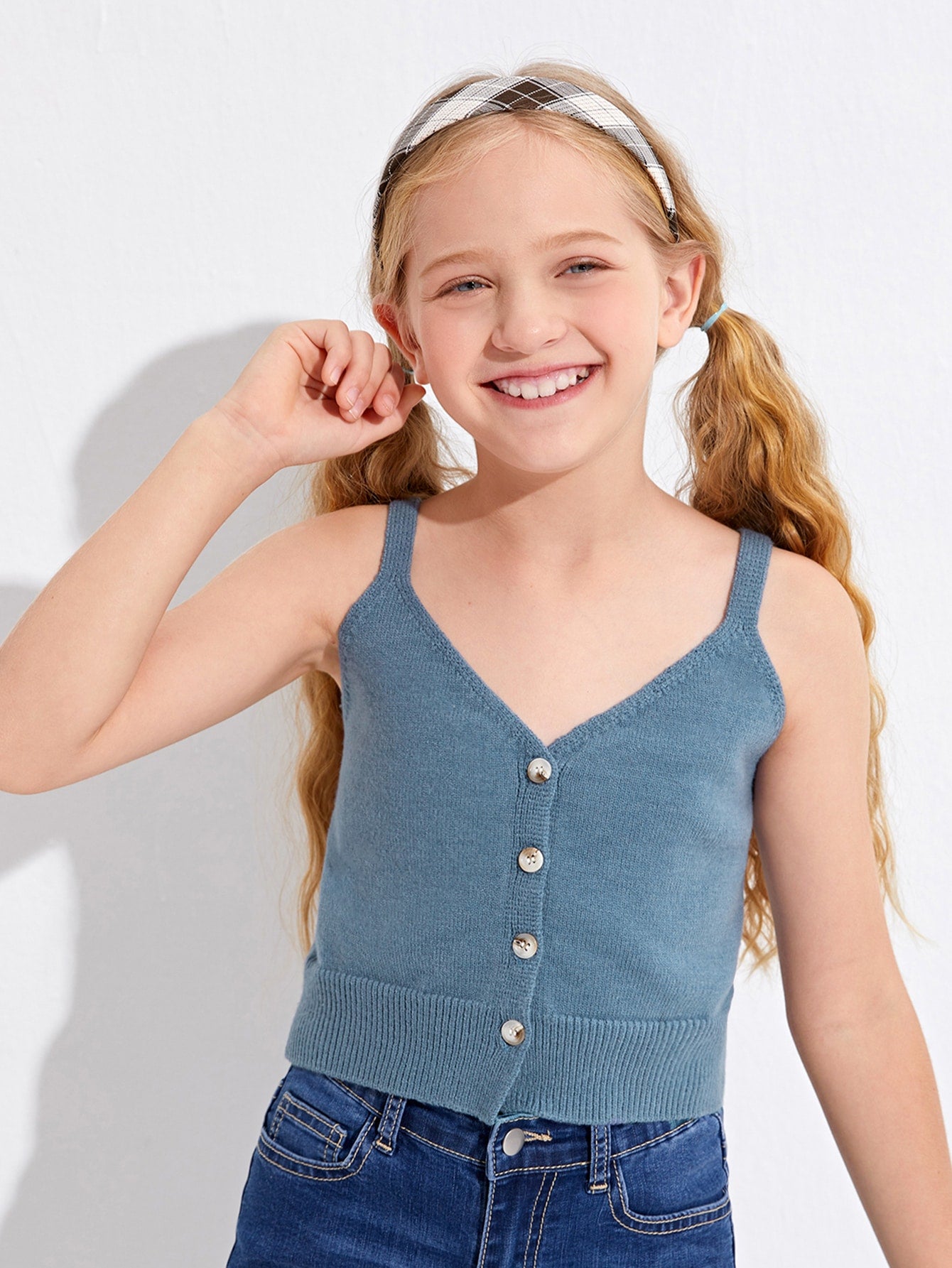 Girls Solid Button Front Cami Knit Top