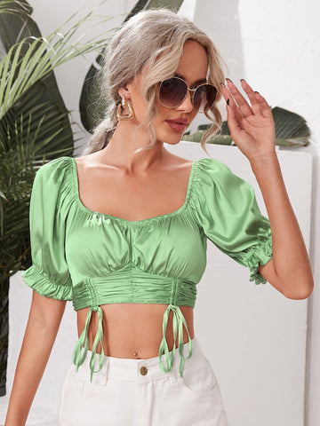 Flounce Sleeve Shirred Back Drawstring Ruched Front Crop Top
