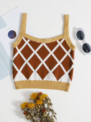 Plaid & Colorblock Pattern Knit Top
