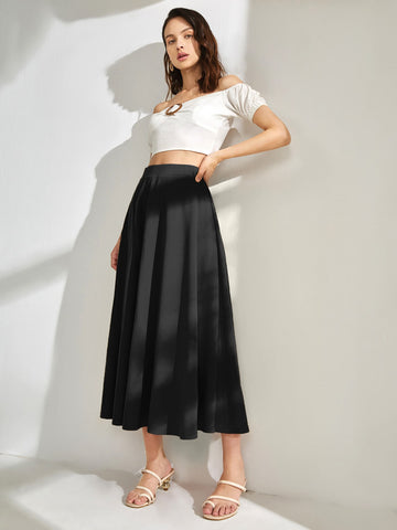 Solid High Waisted Flared Skirt