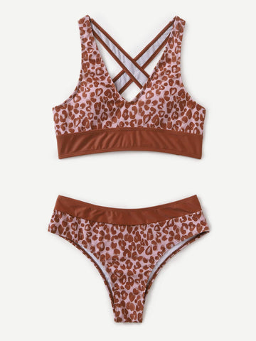 Leopard Print V Neck Bikini Swimsuit