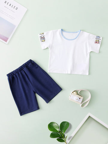 2Pcs/Set Young Boy Casual Letter Print Solid Shirt And Shorts Outfit, Thin Material For Summer