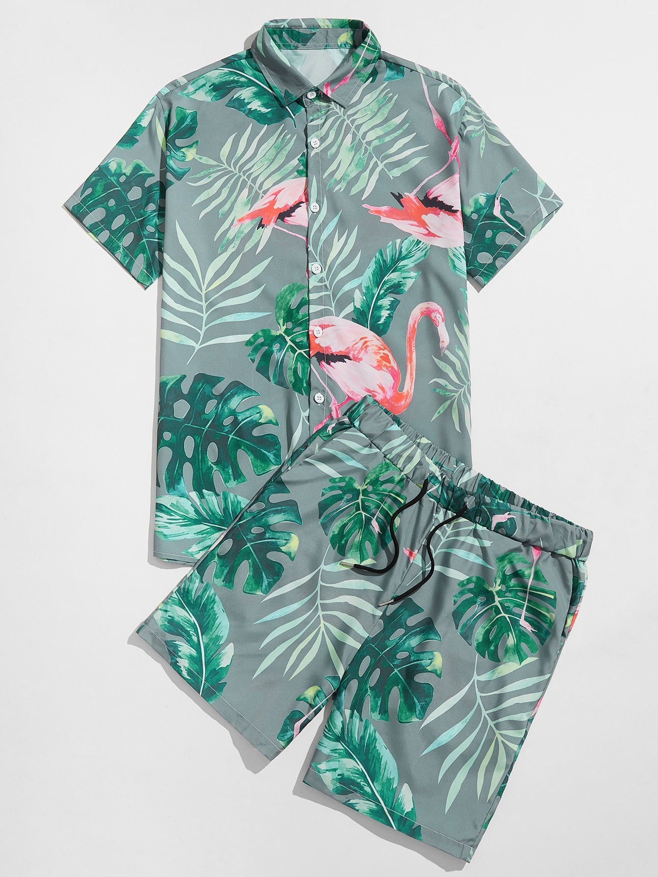 Men Flamingo & Tropical Print Shirt & Drawstring Waist Shorts
